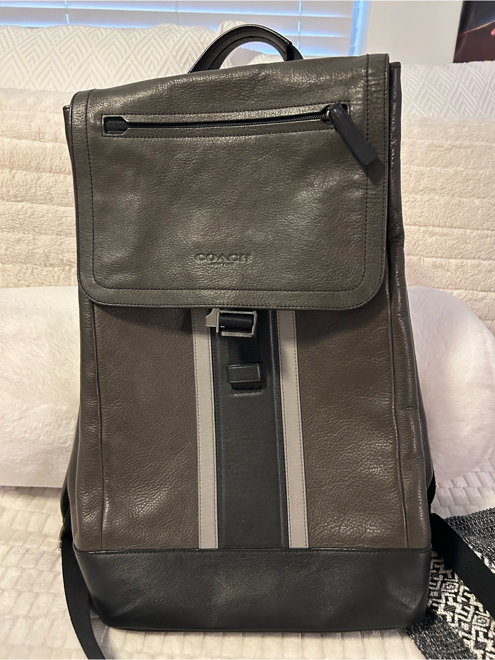 Coach Men's Backpack in Brown with Black and Gray Stripes